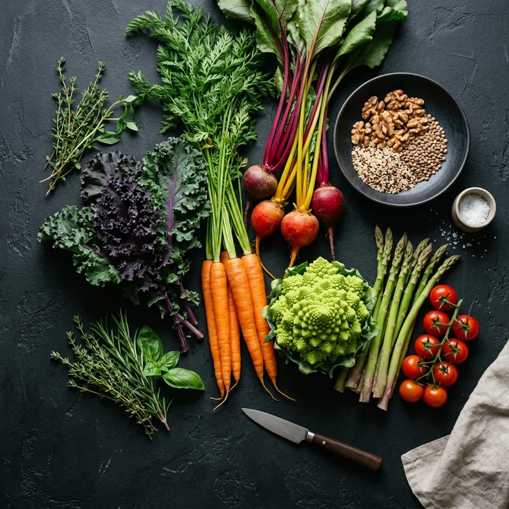 Balanced Indian home-cooked meal spread featuring whole food nutrition, vegetables, and proteins
