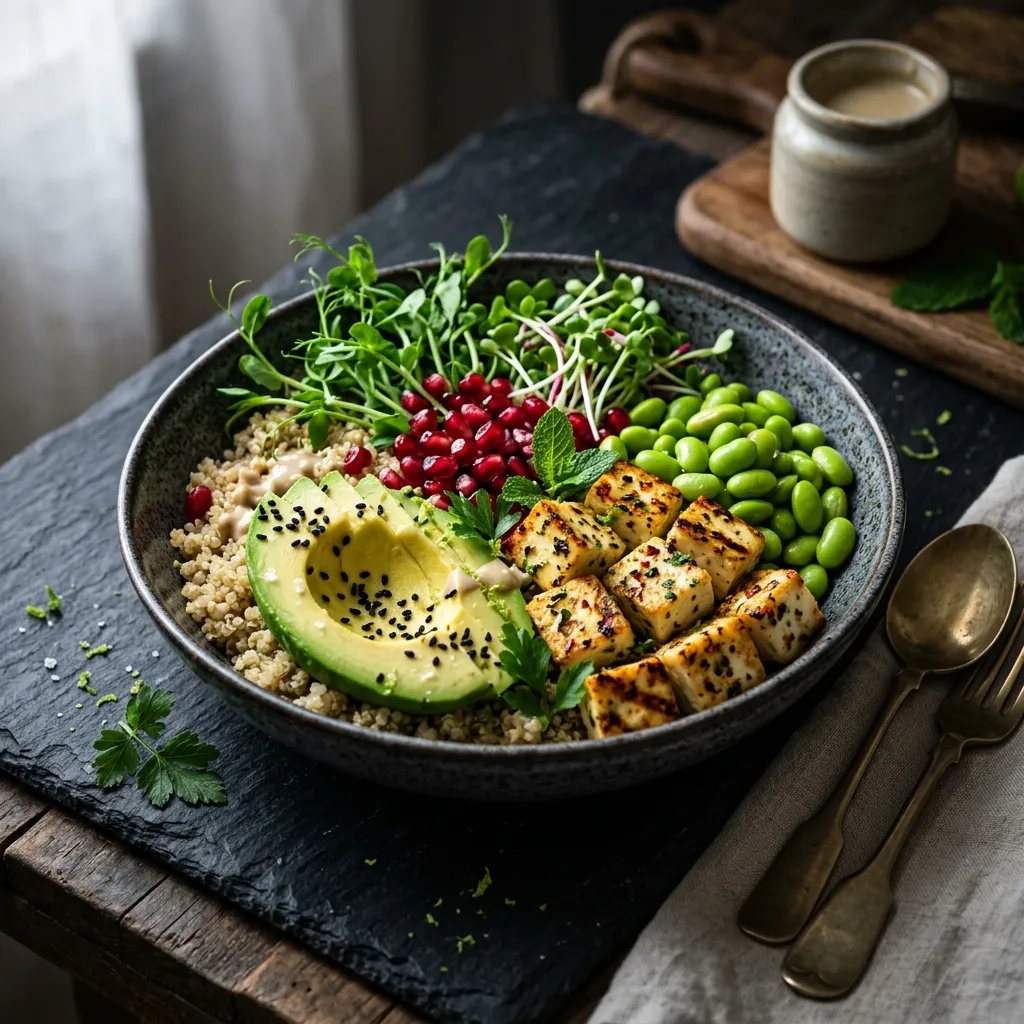 Fresh vegetarian ingredients, whole grains, and healthy meal preparation setup